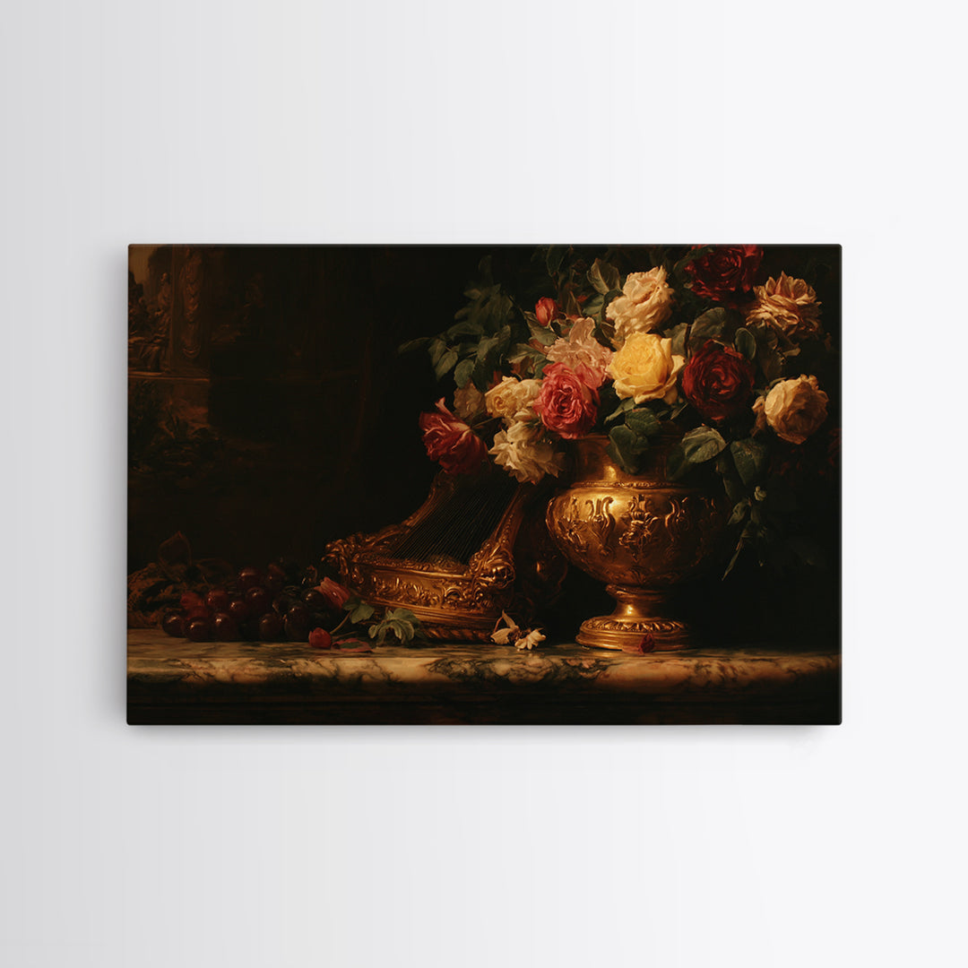 Golden Harp and Roses Canvas Print, Baroque Art, Printable Art, Living Room Decor, Abstract Art, Ornate, Gallery Wall, BAO-3x2-94