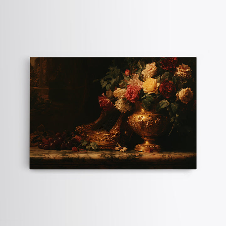Golden Harp and Roses Canvas Print, Baroque Art, Printable Art, Living Room Decor, Abstract Art, Ornate, Gallery Wall, BAO-3x2-94