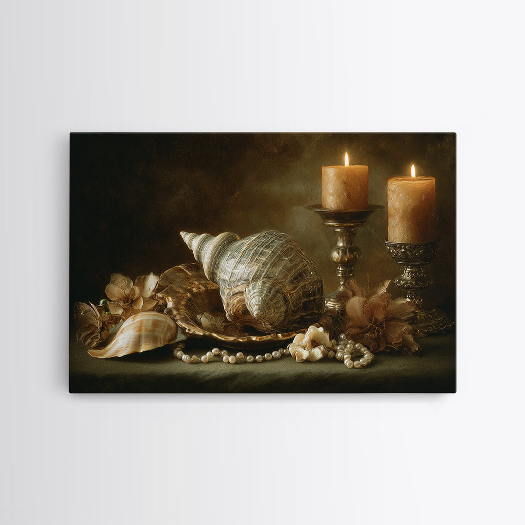 Ornamental Shell and Pearl Composition Canvas Print, Baroque Art, Dark Academia Decor, Living Room Decor, Fine Art, Ornate, BAO-3x2-98