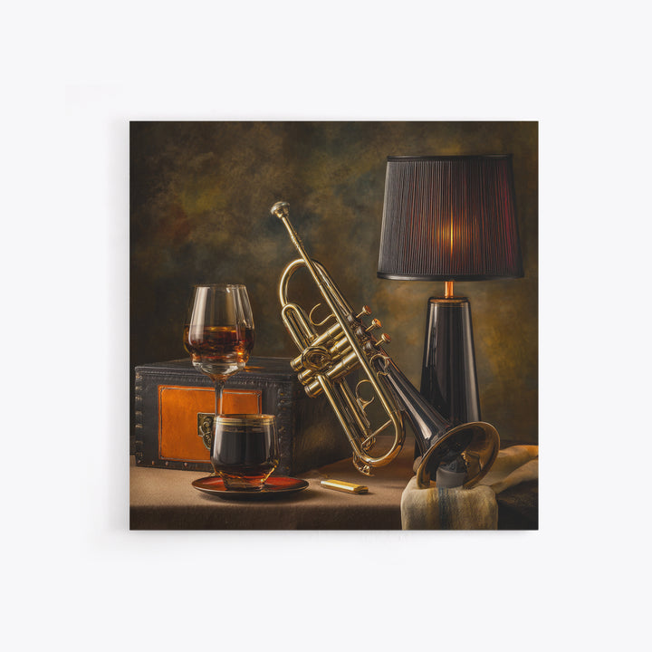 Moody Jazz Trumpet Beside a Half Full Canvas Print, Bar Art, Bar Signs, Bar Decor, Fine Art, Modern Decor, Fine Art Print, BAR-1x1-18