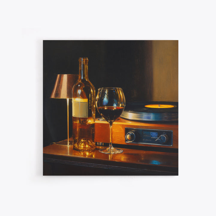 Wine and Record Player Lounge Still Life Framed Canvas Print, Bar Art, Boho Decor, Bar Decor, Oil Painting, Art Print, BAR-1x1-37