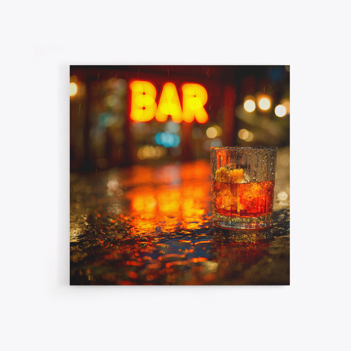 Neon Cocktail Sign Reflected Framed Canvas Print, Bar Art, Textured Painting, Bar Decor, Fine Art, Bar Cart, BAR-1x1-53