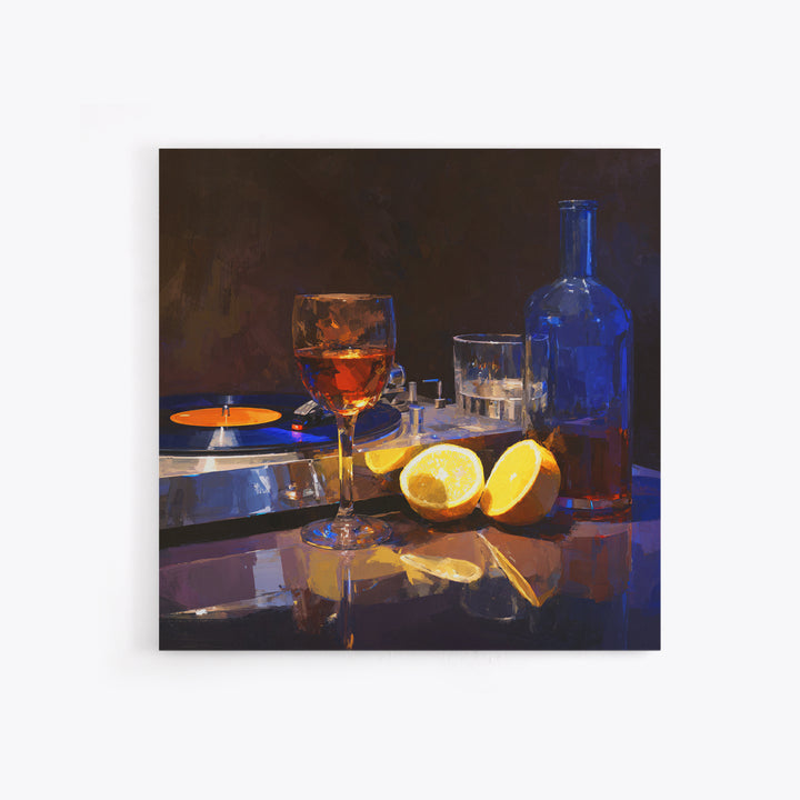 Wine and Record Player Lounge Still Life Framed Canvas Print, Bar Art, Boho Decor, Bar Decor, Oil Painting, Art Print, BAR-1x1-61