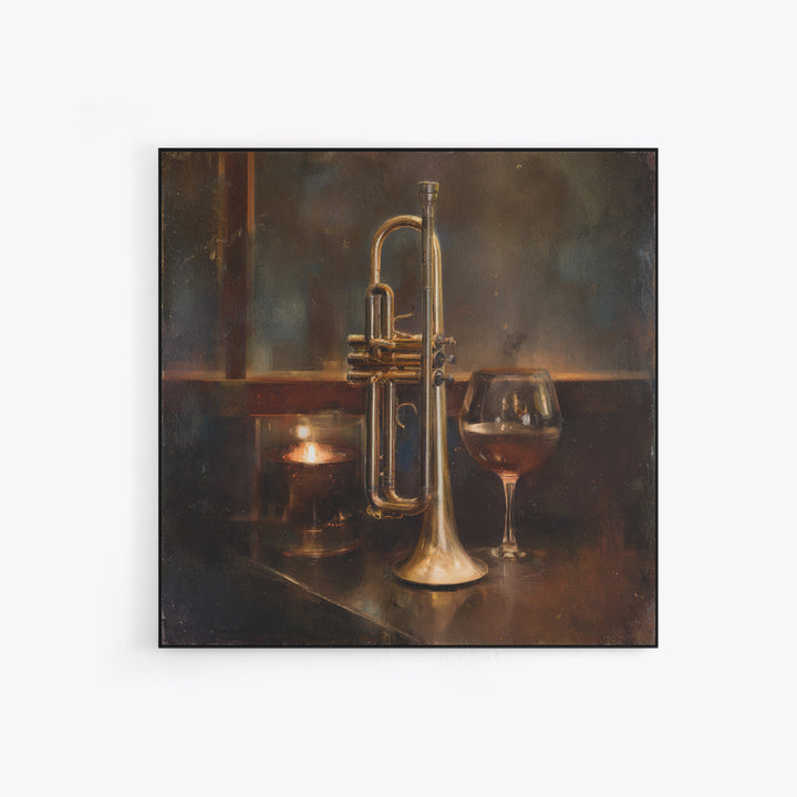 Moody Jazz Trumpet Beside a Half Full Framed Canvas Print, Bar Art, Coffee Bar, Bar Decor, Abstract Art, Room Decor, BAR-1x1-66