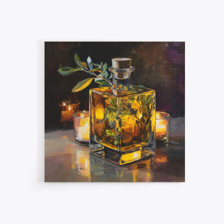 Gin Bottle with Botanicals and Juniper Branches Framed Canvas Print, Bar Art, Bar, Bar Decor, Oil Painting, Living Room Art, BAR-1x1-7