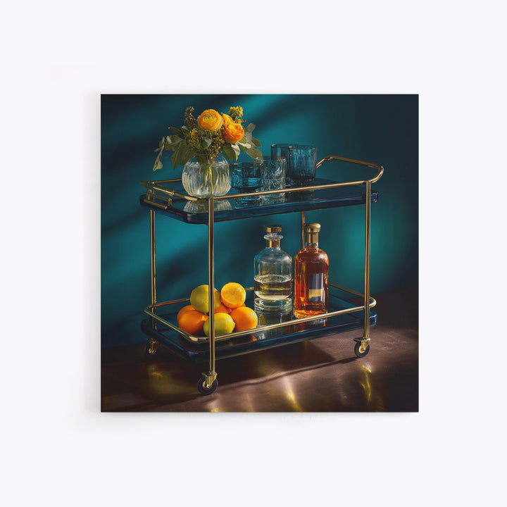 Luxury Emerald Bar Cart Arrangement Framed Canvas Print, Bar Art, Cocktail Wall Art, Bar Decor, Fine Art, Textured Painting, BAR-1x1-70
