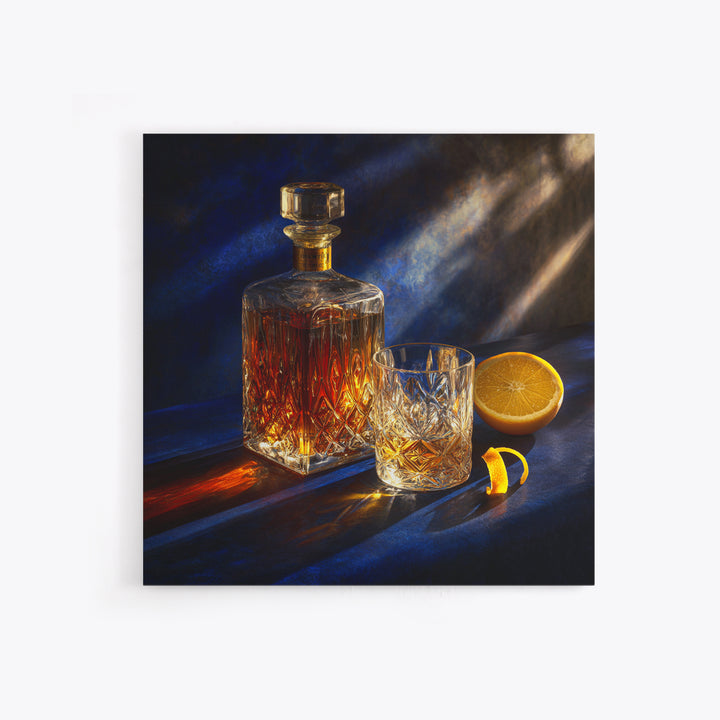 Whiskey Bottle and Cut Crystal Glass Framed Canvas Print, Bar Art, Fine Art Print, Bar Decor, Fine Art, Metal Wall Art, BAR-1x1-74