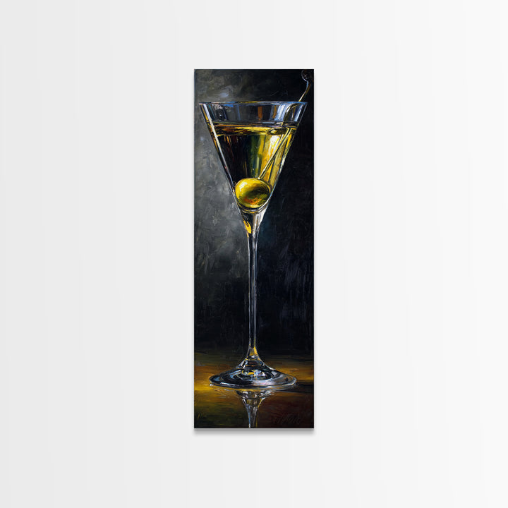 Martini Glass with Olive on a Black Canvas Print, Bar Art, Kitchen Wall Decor, Bar Decor, Fine Art, Bar Cart Art, BAR-1x3-39