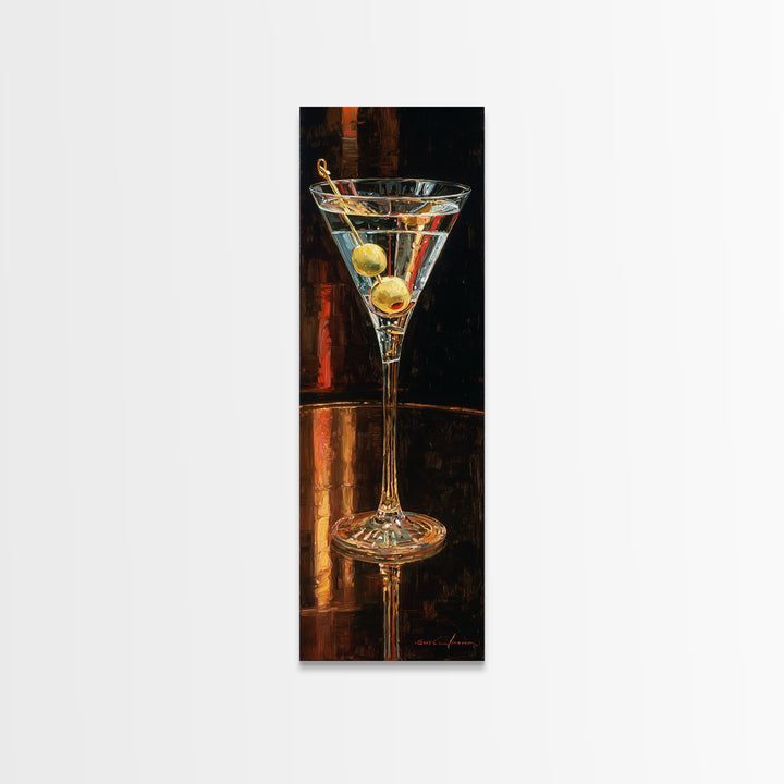 Martini Glass with Olive on a Black Canvas Print, Bar Art, Bar Cart Decor, Bar Decor, Oil Painting, Minimalist Decor, BAR-1x3-63