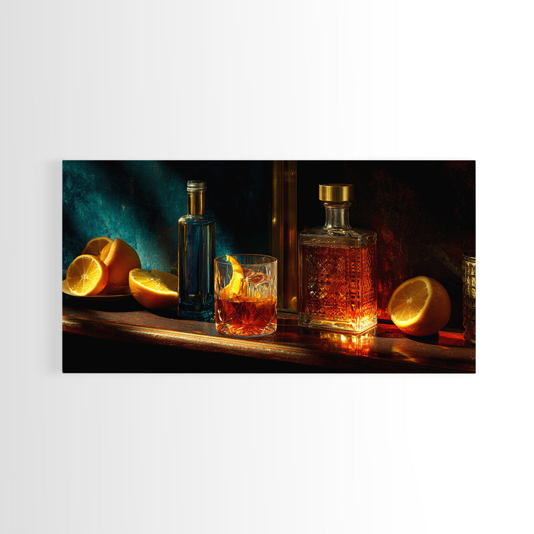Midnight Manhattan Cocktail Framed Canvas Print, Bar Art, Statement Artwork, Bar Decor, Fine Art, Art Print, BAR-2x1-20