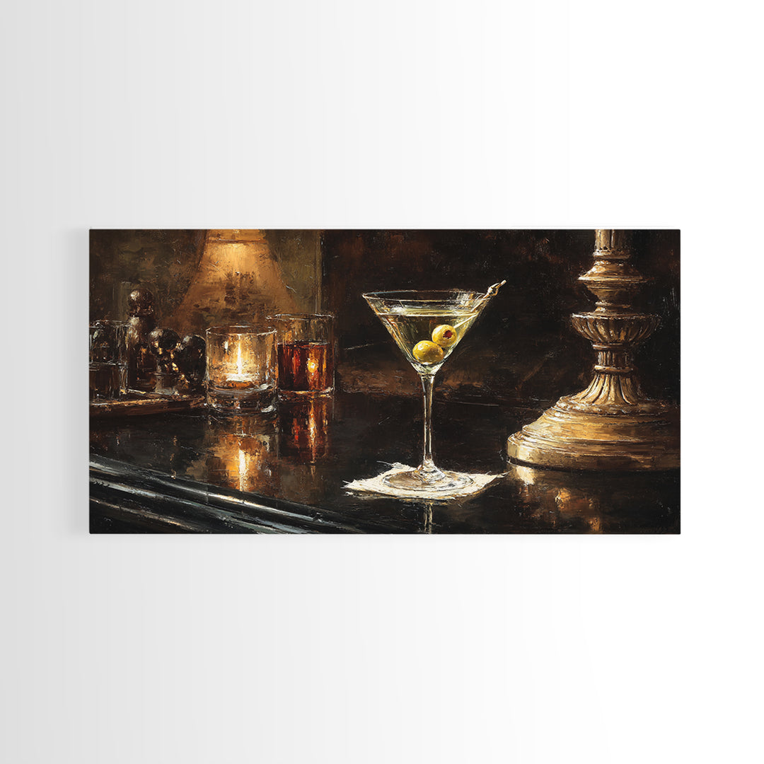 Martini Glass with Olive on a Black Framed Canvas Print, Bar Art, Bar Cart, Bar Decor, Watercolor Art, Kitchen Print, BAR-2x1-23
