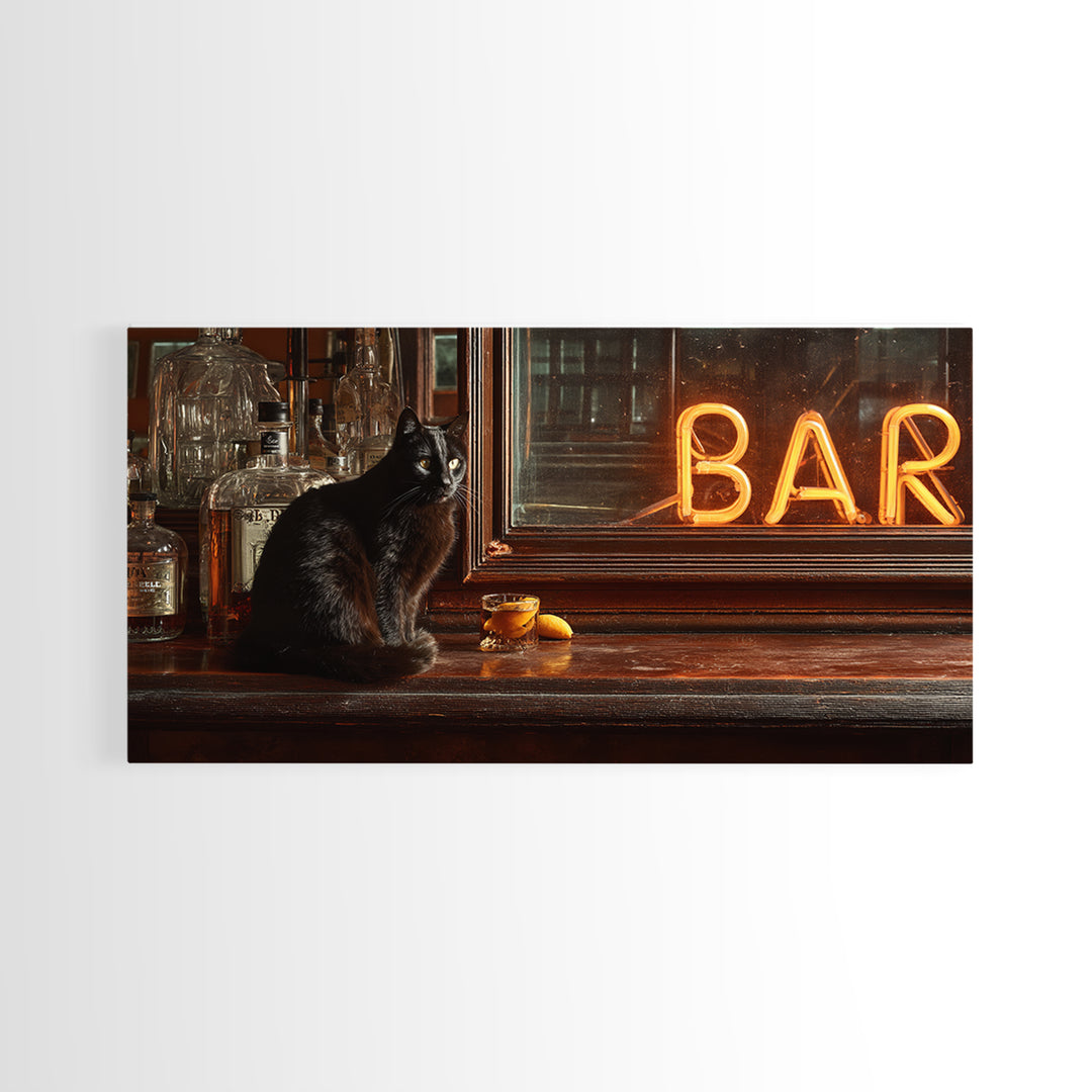 Black Cat Beside a Glowing Bar Neon Framed Canvas Print, Bar Art, Contemporary Art, Bar Decor, Fine Art, Apartment Decor, BAR-2x1-34