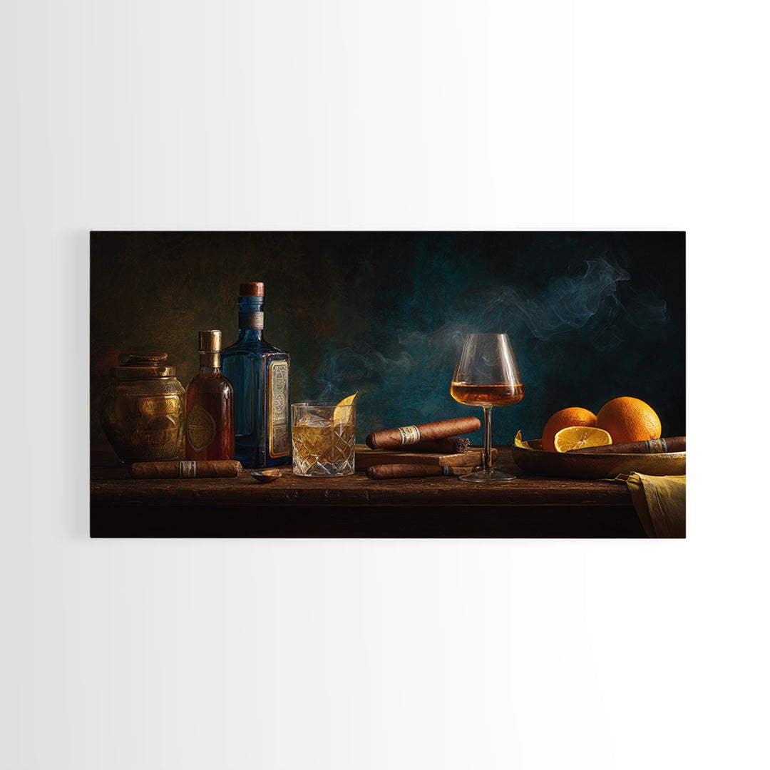 Dark Moody Cigar and Whiskey Still Life Framed Canvas Print, Bar Art, Bar Cart, Bar Decor, Watercolor Art, Kitchen Print, BAR-2x1-5