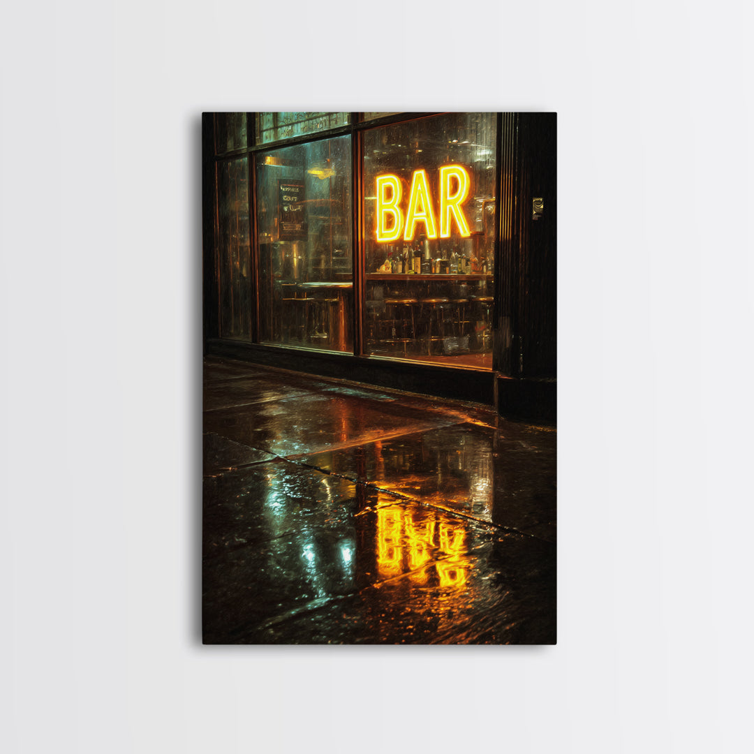 Neon Cocktail Sign Reflected Framed Canvas Print, Bar Art, Digital Print, Bar Decor, Fine Art, Coffee Wall Art, BAR-2x3-13