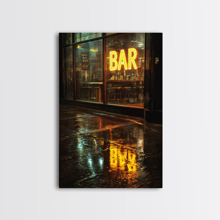 Neon Cocktail Sign Reflected Framed Canvas Print, Bar Art, Digital Print, Bar Decor, Fine Art, Coffee Wall Art, BAR-2x3-13