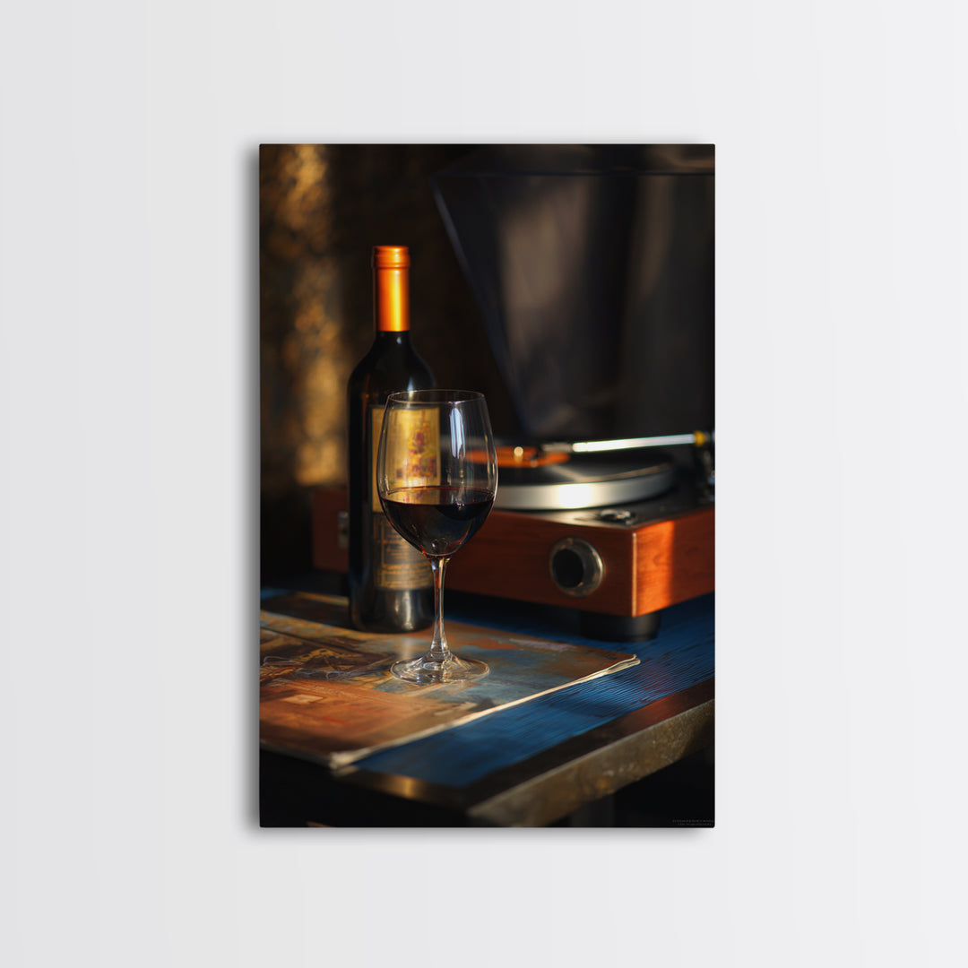 Wine and Record Player Lounge Still Life Framed Canvas Print, Bar Art, Canvas Wall Art, Bar Decor, Oil Painting, BAR-2x3-21