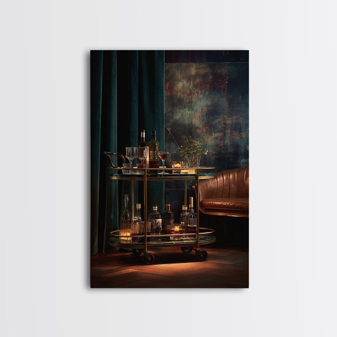Luxury Emerald Bar Cart Arrangement Framed Canvas Print, Bar Art, Minimalist Decor, Bar Decor, Fine Art, Digital Print, BAR-2x3-6