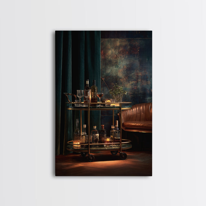 Luxury Emerald Bar Cart Arrangement Framed Canvas Print, Bar Art, Minimalist Decor, Bar Decor, Fine Art, Digital Print, BAR-2x3-6