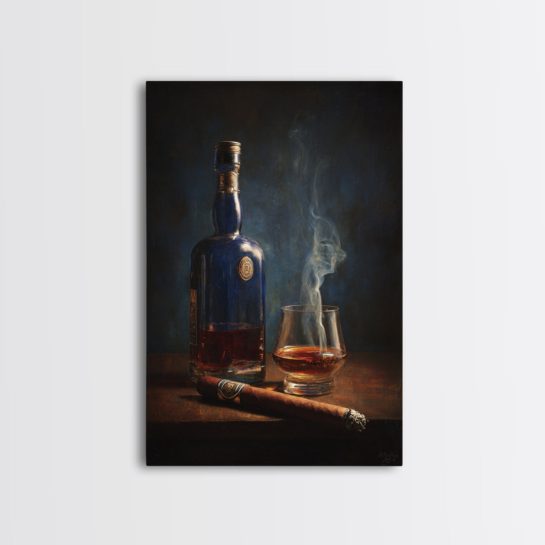 Dark Moody Cigar and Whiskey Still Life Canvas Print, Bar Art, Kitchen Wall Decor, Bar Decor, Fine Art, Bar Cart Art, BAR-2x3-65