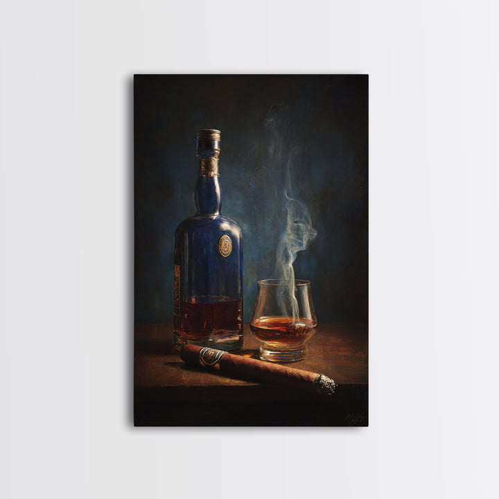 Dark Moody Cigar and Whiskey Still Life Canvas Print, Bar Art, Kitchen Wall Decor, Bar Decor, Fine Art, Bar Cart Art, BAR-2x3-65