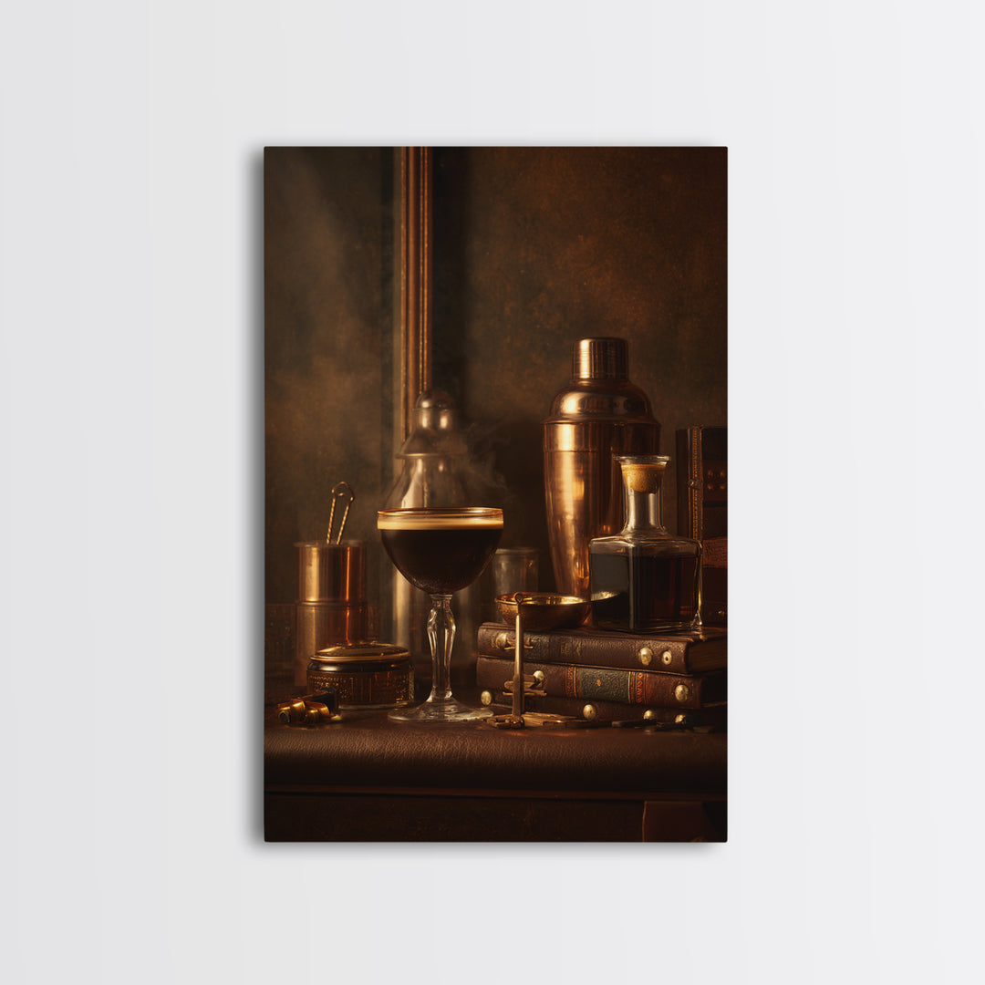 Speakeasy Key and Cocktail Shaker Composition Canvas Print, Bar Art, Canvas Wall Art, Bar Decor, Oil Painting, BAR-2x3-72