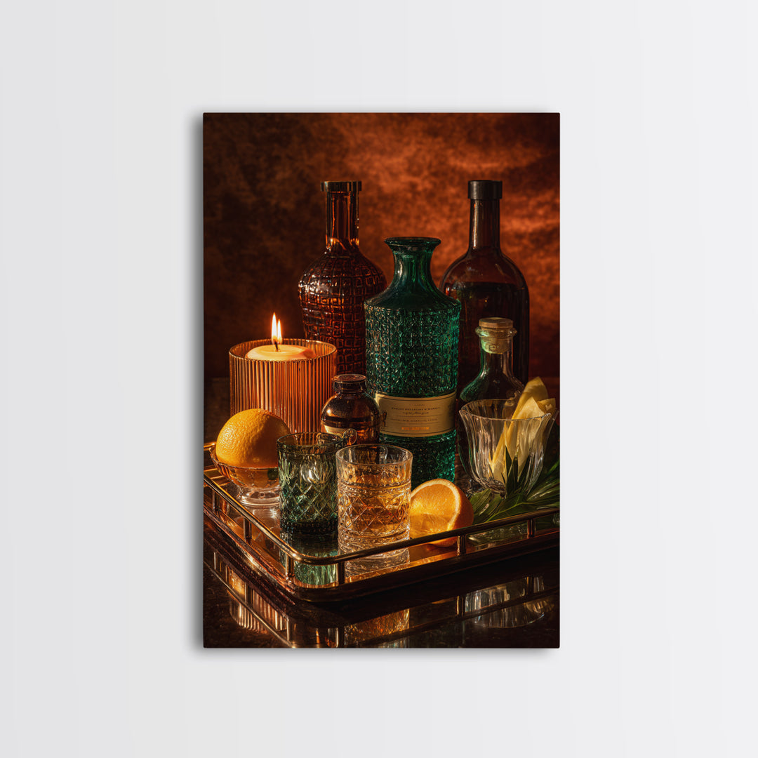 Luxury Emerald Bar Cart Arrangement Framed Canvas Print, Bar Art, Kitchen Wall Art, Bar Decor, Fine Art, Coffee Wall Art, BAR-2x3-78