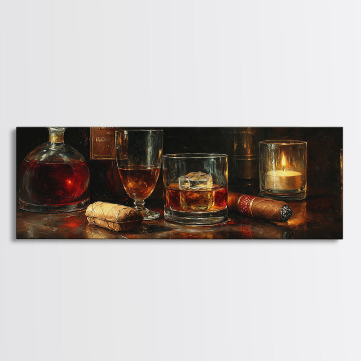 Dark Moody Cigar and Whiskey Still Life Framed Canvas Print, Bar Art, Bar Signs, Bar Decor, Fine Art, Modern Decor, BAR-3x1-1