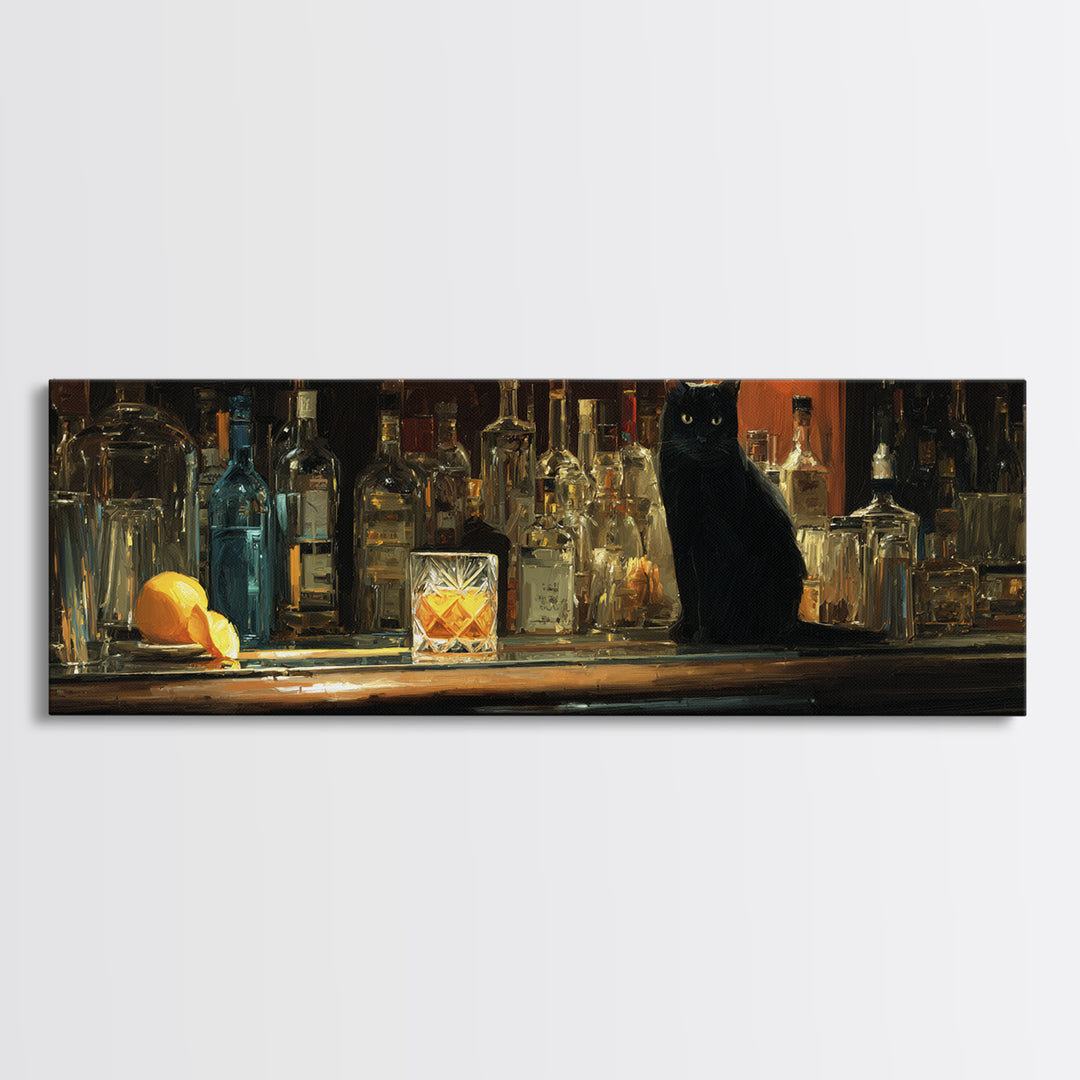 Black Cat Beside a Glowing Bar Neon Canvas Print, Bar Art, Art Print, Bar Decor, Fine Art, Kitchen Wall Decor, BAR-3x1-30