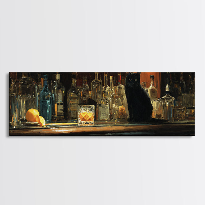 Black Cat Beside a Glowing Bar Neon Canvas Print, Bar Art, Art Print, Bar Decor, Fine Art, Kitchen Wall Decor, BAR-3x1-30