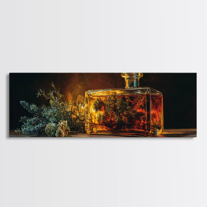 Gin Bottle with Botanicals and Juniper Branches Framed Canvas Print, Bar Art, Canvas Wall Art, Bar Decor, Fine Art, BAR-3x1-47