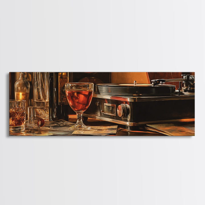 Wine and Record Player Lounge Still Life Framed Canvas Print, Bar Art, Cocktail Wall Art, Bar Decor, Fine Art, BAR-3x1-53
