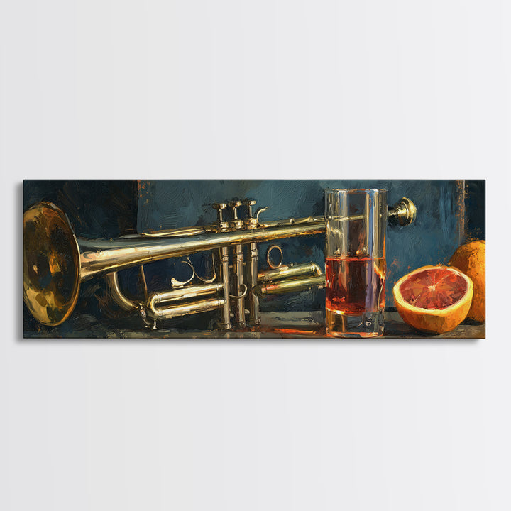 Moody Jazz Trumpet Beside a Half Full Framed Canvas Print, Bar Art, Kitchen Wall Decor, Bar Decor, Fine Art, BAR-3x1-58