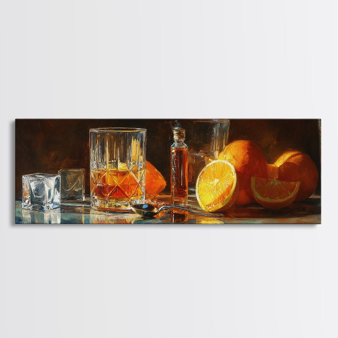 Orange Bitters and Bar Spoon Still Life Canvas Print, Bar Art, Bar Cart Decor, Bar Decor, Oil Painting, Minimalist Decor, BAR-3x1-61
