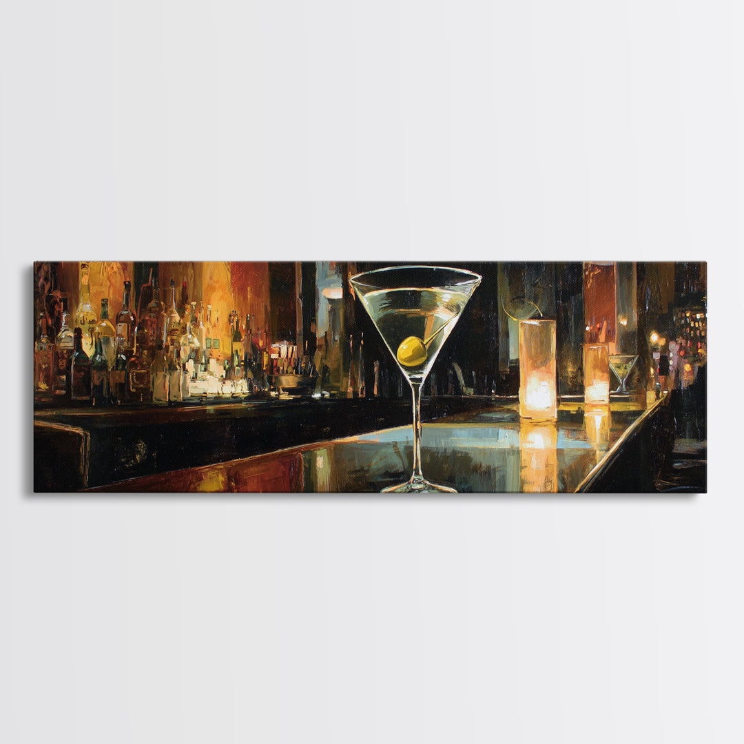 Martini Glass with Olive on a Black Framed Canvas Print, Bar Art, Apartment Decor, Bar Decor, Abstract Art, Living Room Art, BAR-3x1-67