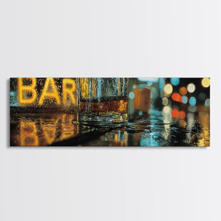 Neon Cocktail Sign Reflected Framed Canvas Print, Bar Art, Gallery Decor, Bar Decor, Fine Art, Wall Art, Home Decor, BAR-3x1-69