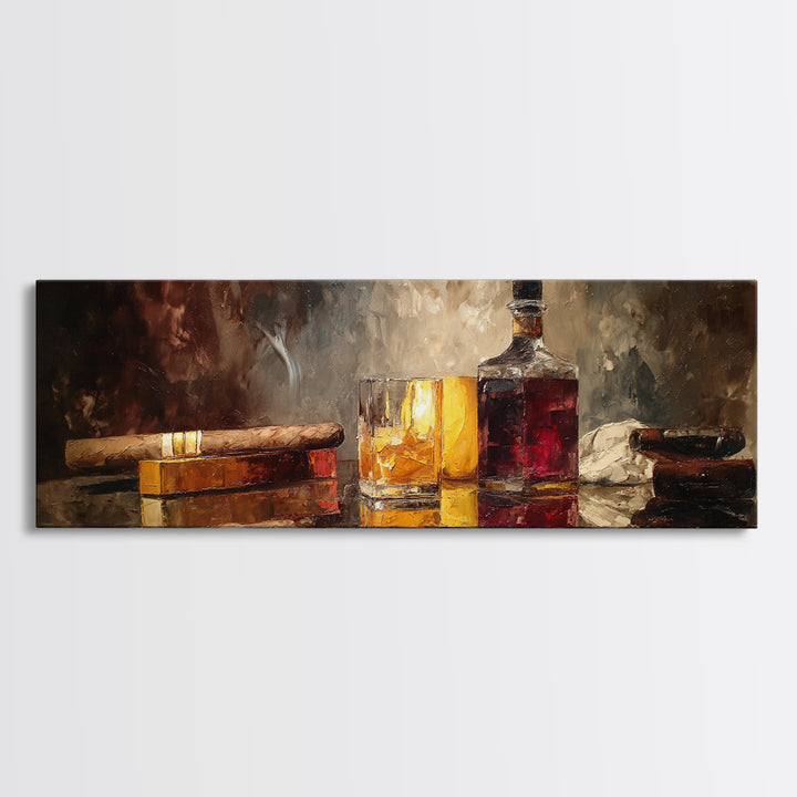 Dark Moody Cigar and Whiskey Still Life Framed Canvas Print, Bar Art, Neutral Decor, Bar Decor, Fine Art, Home Decor, BAR-3x1-73