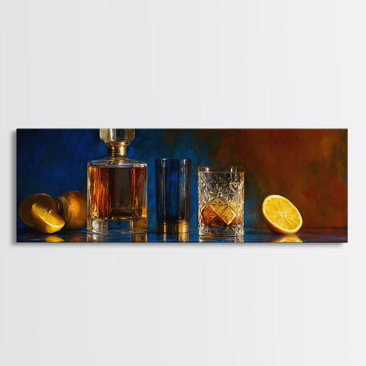 Whiskey Bottle and Cut Crystal Glass Framed Canvas Print, Bar Art, Living Room Art, Bar Decor, Fine Art, Luxury Decor, BAR-3x1-90