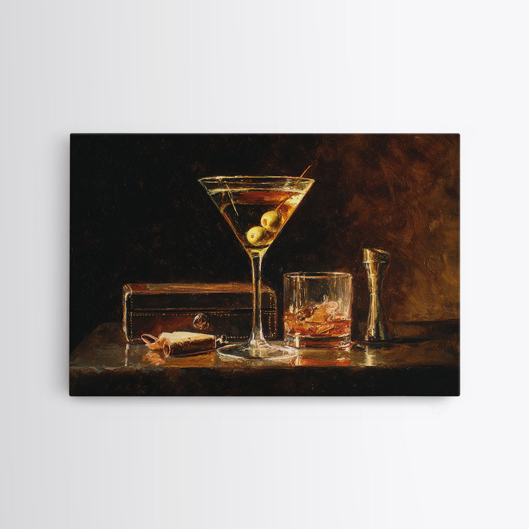 Martini Glass with Olive on a Black Framed Canvas Print, Bar Art, Apartment Decor, Bar Decor, Abstract Art, Living Room Art, BAR-3x2-7