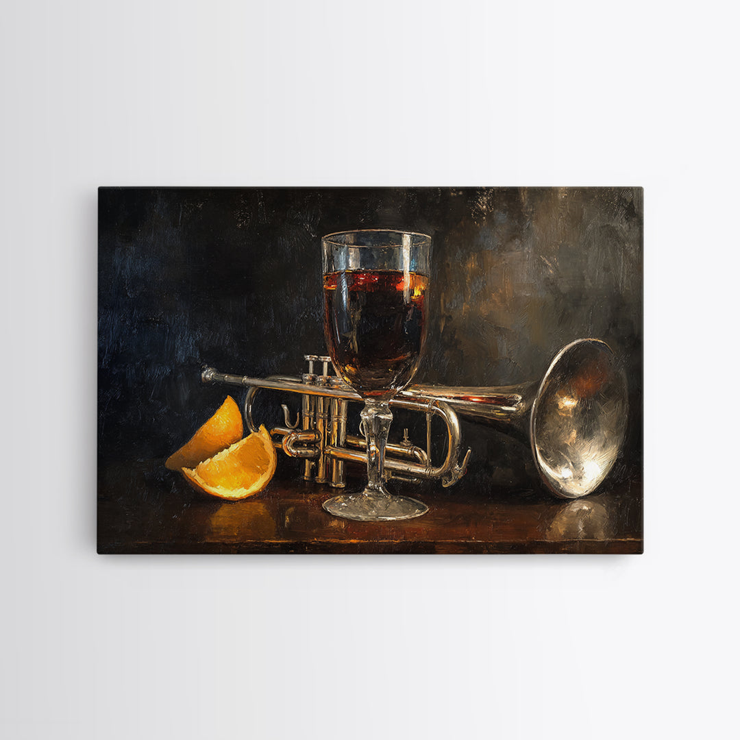 Moody Jazz Trumpet Beside a Half Full Framed Canvas Print, Bar Art, Bar Signs, Bar Decor, Fine Art, Modern Decor, BAR-3x2-70