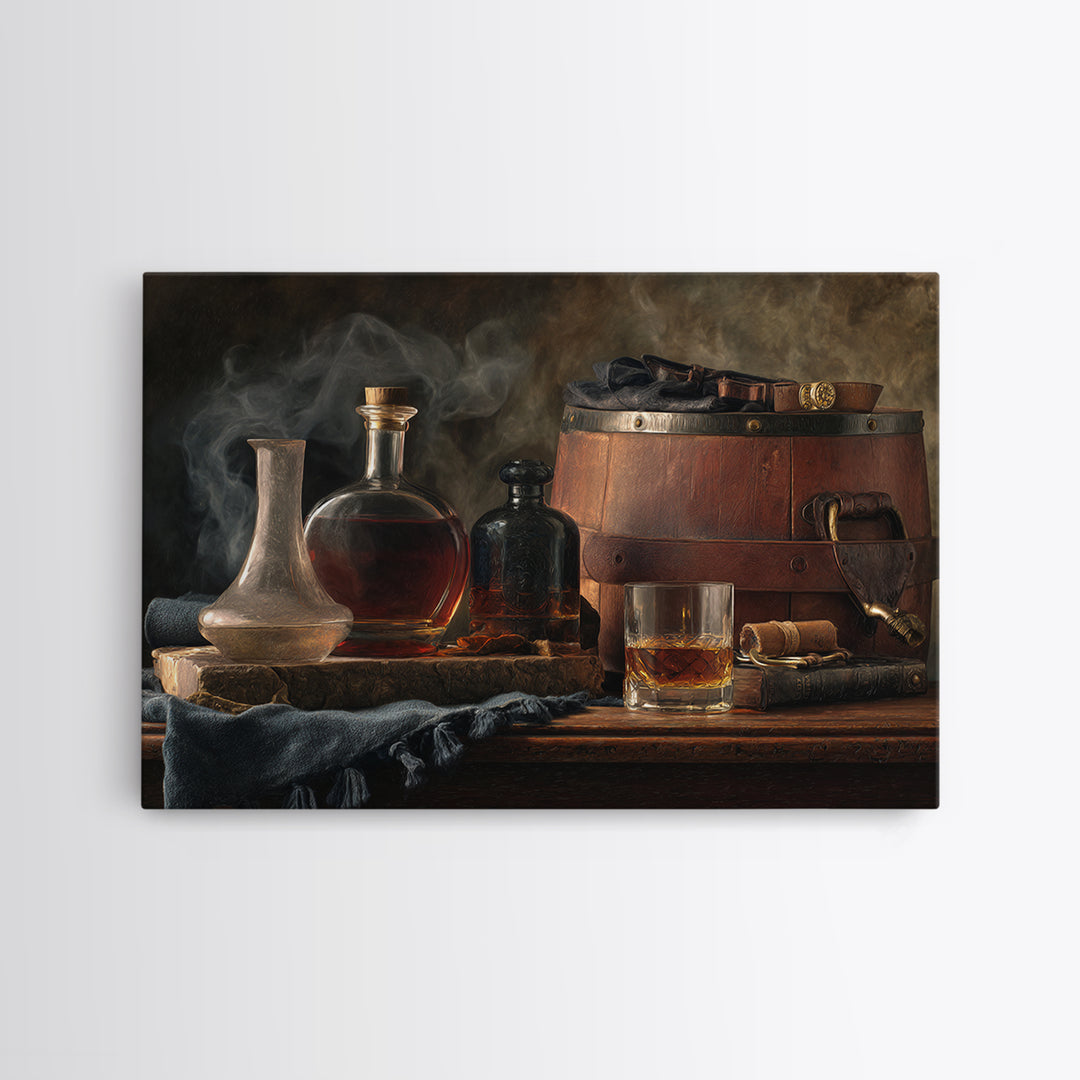 Bourbon Barrel Still Life Framed Canvas Print, Bar Art, Bar Cart Decor, Bar Decor, Oil Painting, Minimalist Decor, BAR-3x2-82