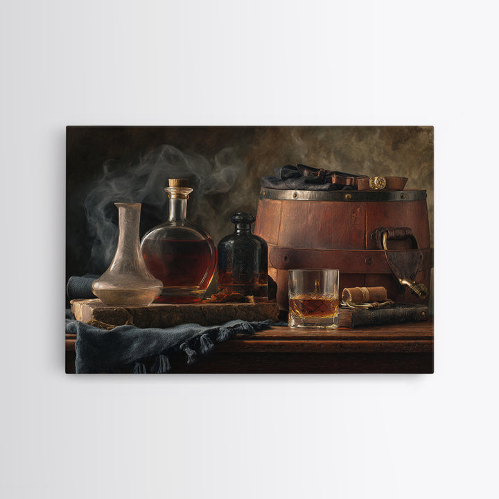 Bourbon Barrel Still Life Framed Canvas Print, Bar Art, Bar Cart Decor, Bar Decor, Oil Painting, Minimalist Decor, BAR-3x2-82