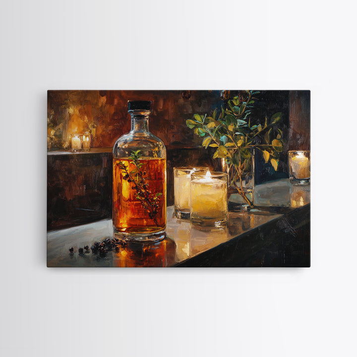 Gin Bottle with Botanicals and Juniper Branches Canvas Print, Bar Art, Bar, Bar Decor, Oil Painting, Living Room Art, BAR-3x2-83