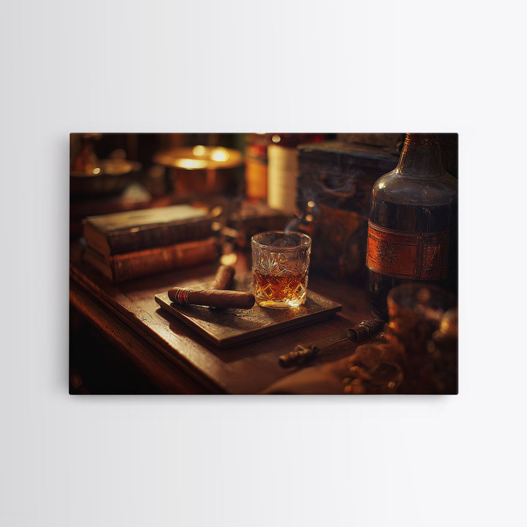 Dark Moody Cigar and Whiskey Still Life Framed Canvas Print, Bar Art, Statement Artwork, Bar Decor, Fine Art, BAR-3x2-85