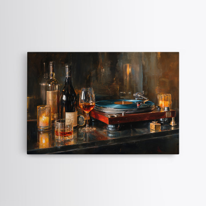 Wine and Record Player Lounge Still Life Canvas Print, Bar Art, Boho Decor, Bar Decor, Oil Painting, Art Print, BAR-3x2-89