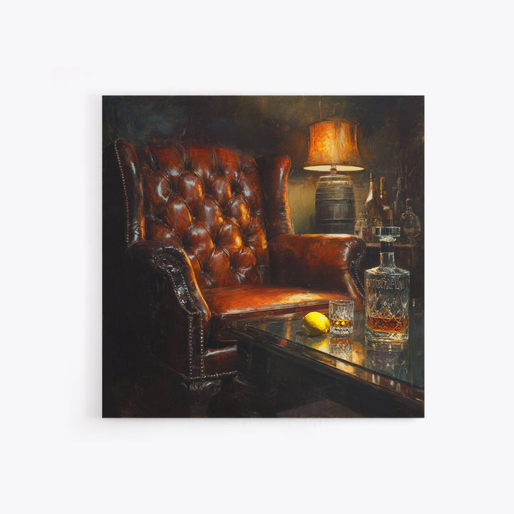 Whiskey Barrel and Leather Chair Mood Painting Canvas Print, Basement Art, Original Art Prints, Living Room Decor, Retreat, BAS-1x1-34