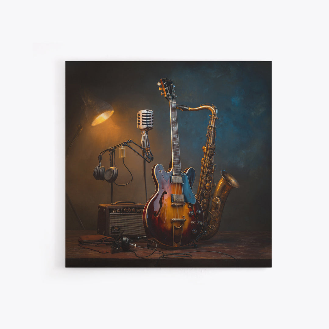 Classic Rock Guitar Still Life Framed Canvas Print, Basement Art, Fine Art Print, Living Room Decor, Fine Art, Retreat, BAS-1x1-53