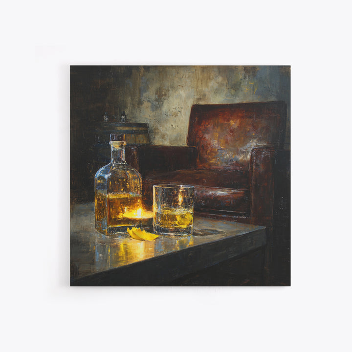 Whiskey Barrel and Leather Chair Mood Painting Canvas Print, Basement Art, Neutral Decor, Living Room Decor, Oil Painting, BAS-1x1-82