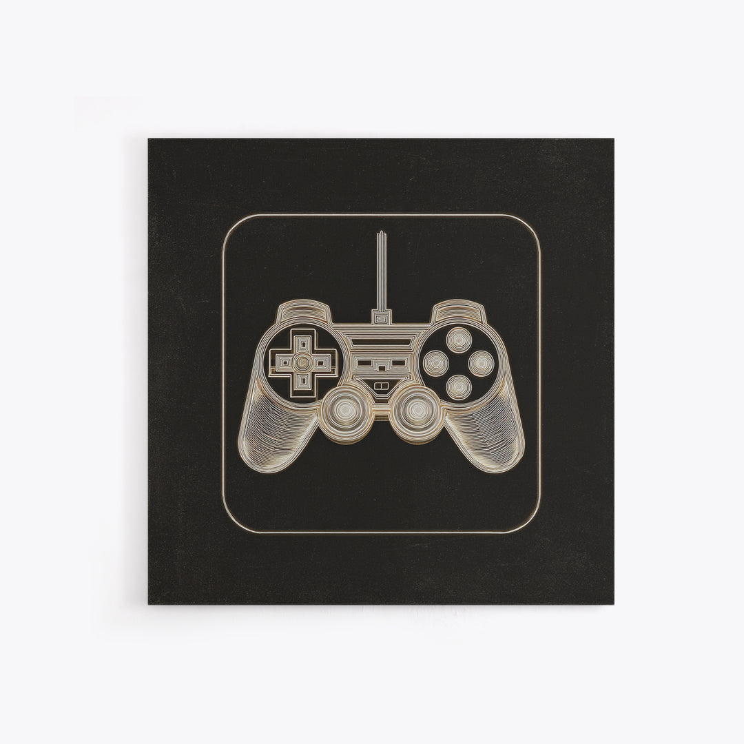 Neon Game Controller Icon on Black Background Framed Canvas Print, Basement Art, Luxury Decor, Living Room Decor, Oil Painting, BAS-1x1-93