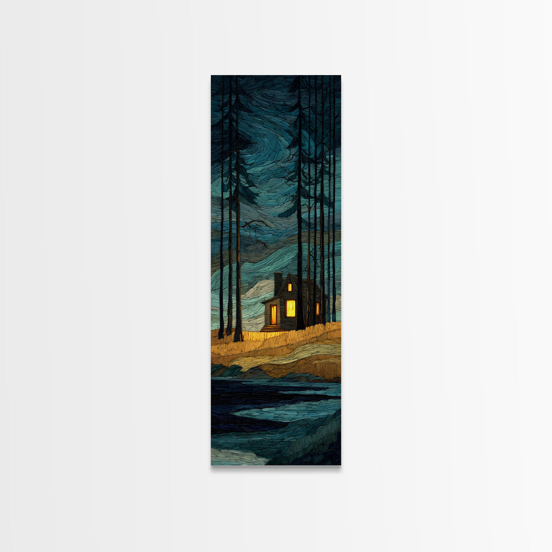 Forest Cabin Night Scene Canvas Print, Basement Art, Canvas, Living Room Decor, Retreat, Bar Art, Digital Art Download, BAS-1x3-27