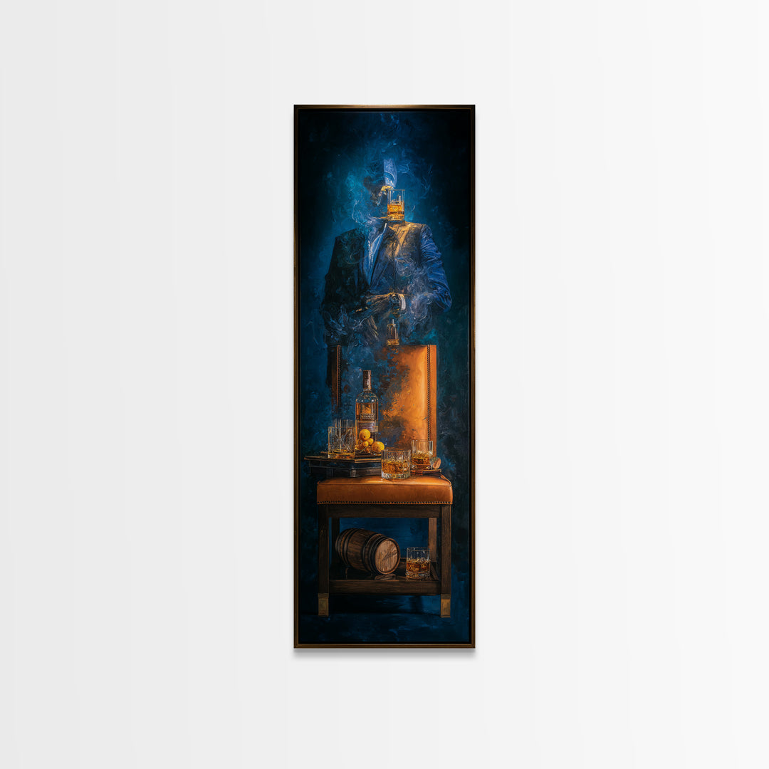 Whiskey Barrel and Leather Chair Mood Painting Framed Canvas Print, Basement Art, Game Room Decor, Living Room Decor, Retreat, BAS-1x3-46